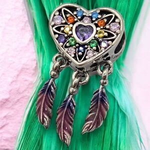 Heart Dreamcatcher Feather Charm S925 Sterling Silver Bracelet Bohemian Tribal